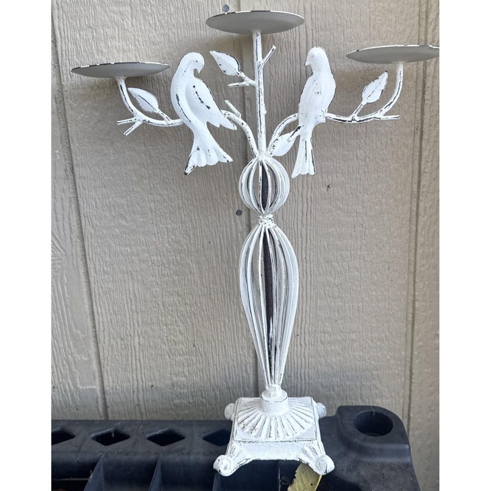 Rustic Wrought Iron 3 Arm Candelabra With Birds White Distressed Cottagecore